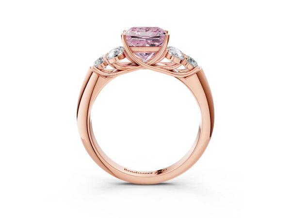 Rose gold Fancy Pink Princess  Cut Diamond Cluster Ring with Round Accent Stones and Prong Setting on a Classic Band