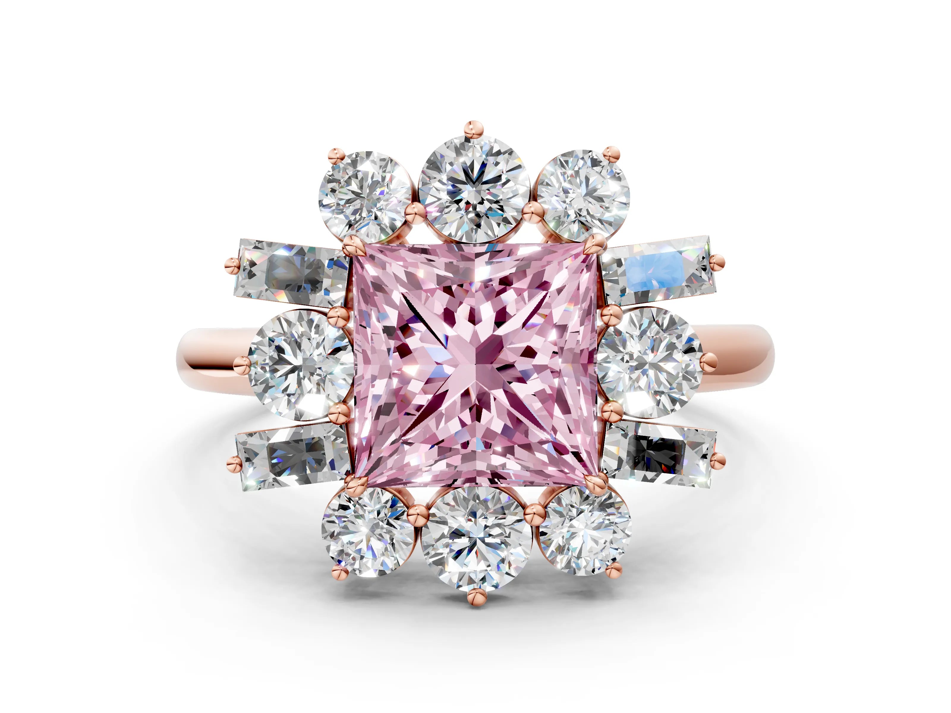 Rose gold Fancy Pink Princess Cut Diamond Cluster Ring with Round and Baguette Stones, Split Shank Band, Prong Setting