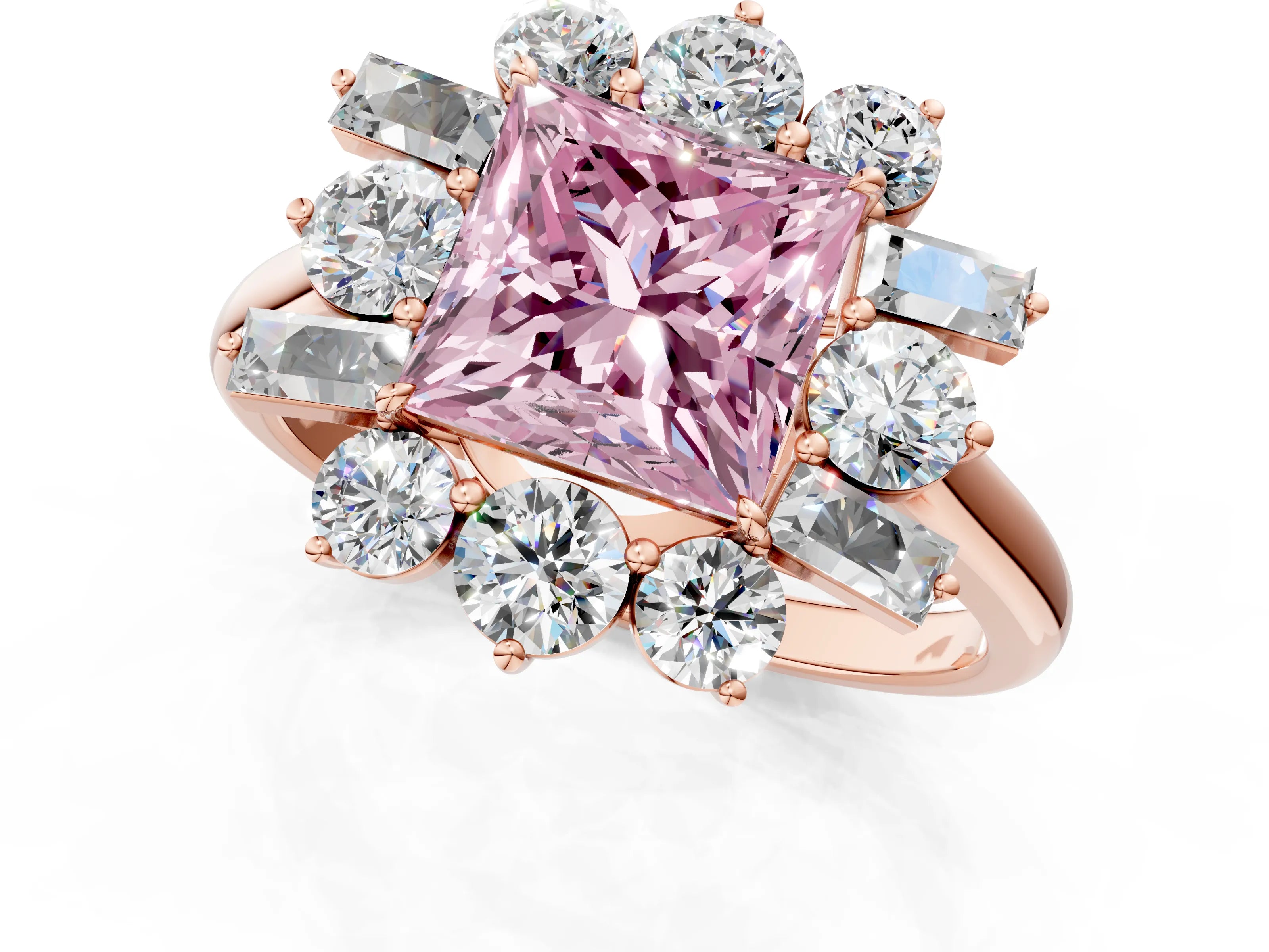 Rose gold Fancy Pink Princess Cut Diamond Cluster Ring with Round and Baguette Stones, Split Shank Band, Prong Setting_1