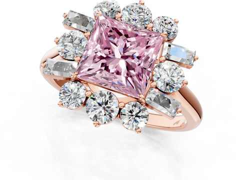 Rose gold Fancy Pink Princess Cut Diamond Cluster Ring with Round and Baguette Stones, Split Shank Band, Prong Setting_1
