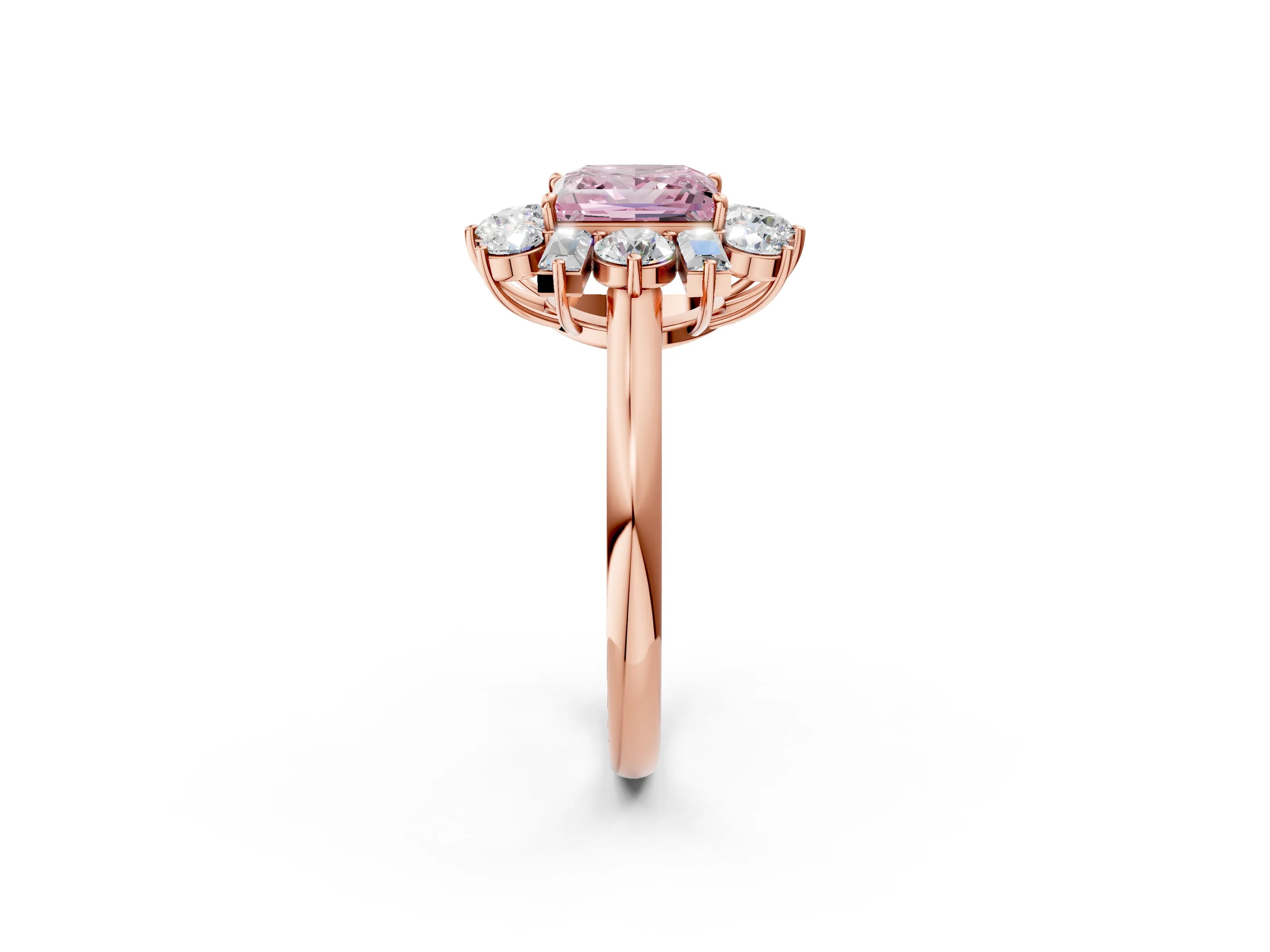 Rose gold Fancy Pink Princess Cut Diamond Cluster Ring with Round and Baguette Stones, Split Shank Band, Prong Setting_2