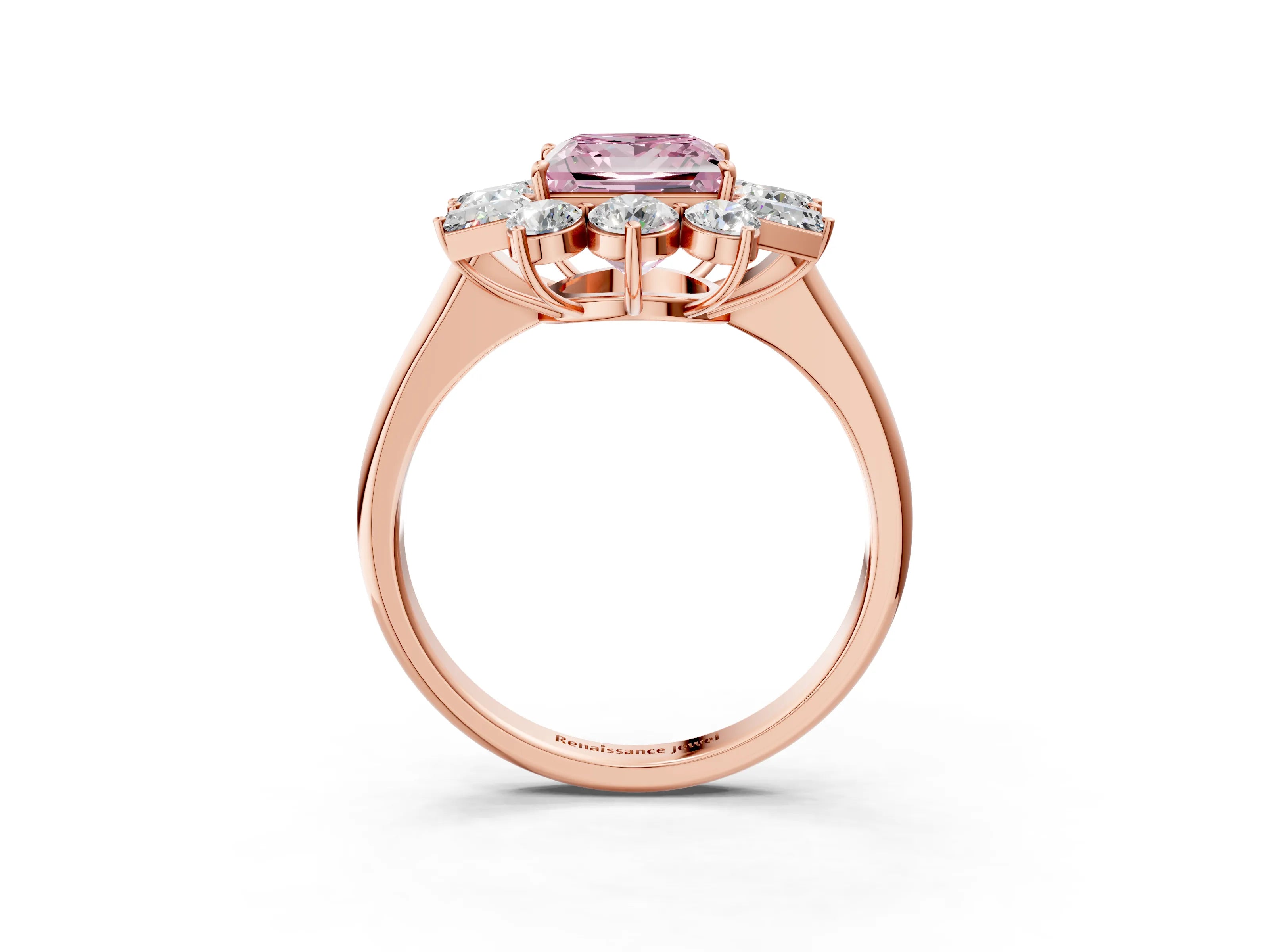 Rose gold Fancy Pink Princess Cut Diamond Cluster Ring with Round and Baguette Stones, Split Shank Band, Prong Setting_3