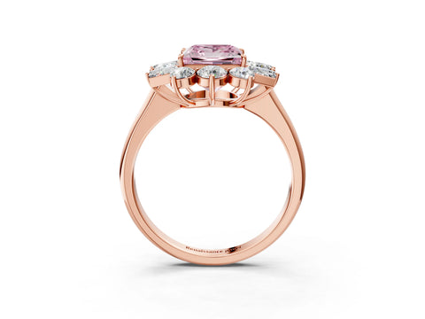 Rose gold Fancy Pink Princess Cut Diamond Cluster Ring with Round and Baguette Stones, Split Shank Band, Prong Setting_3