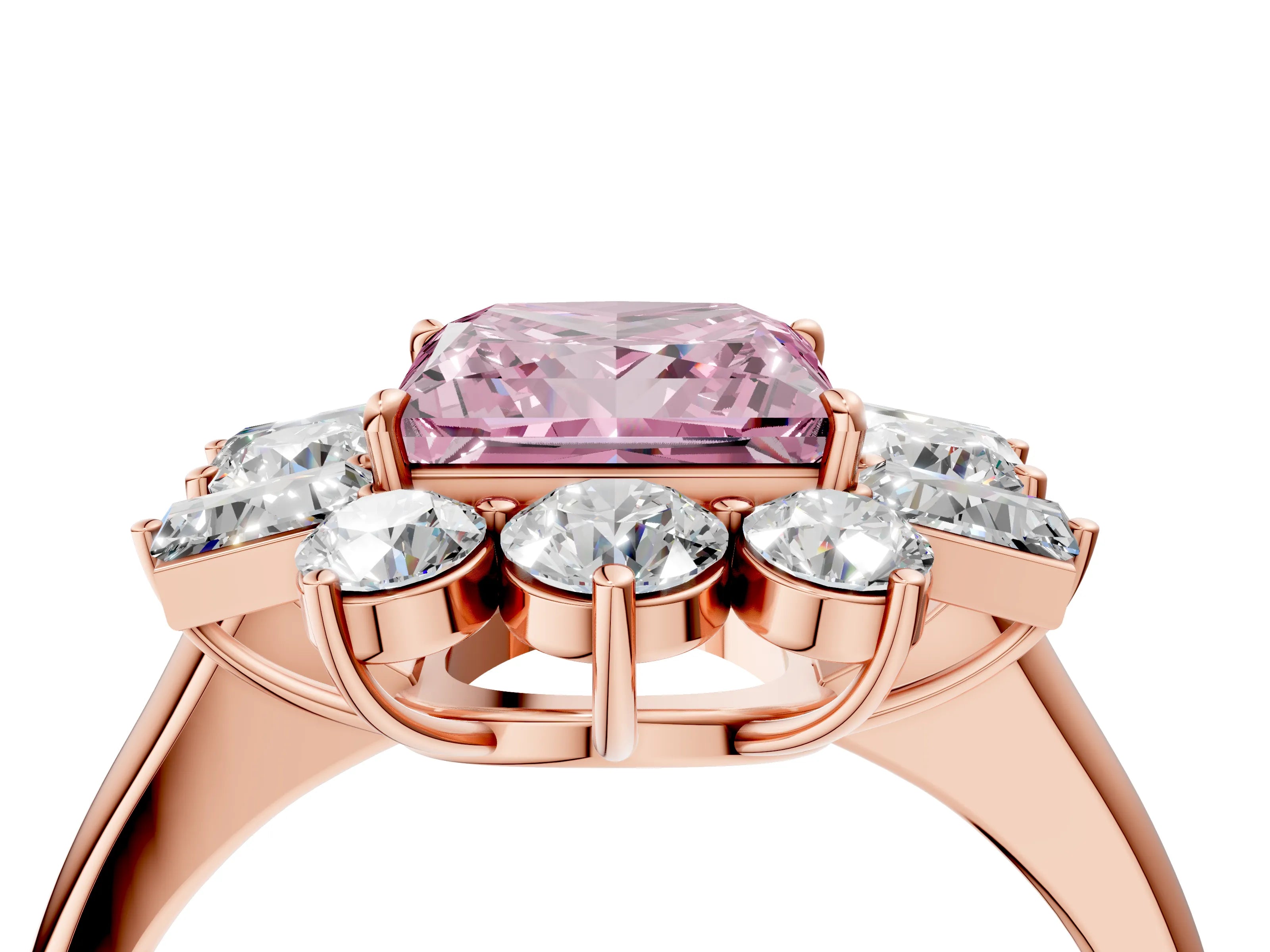 Rose gold Fancy Pink Princess Cut Diamond Cluster Ring with Round and Baguette Stones, Split Shank Band, Prong Setting_4