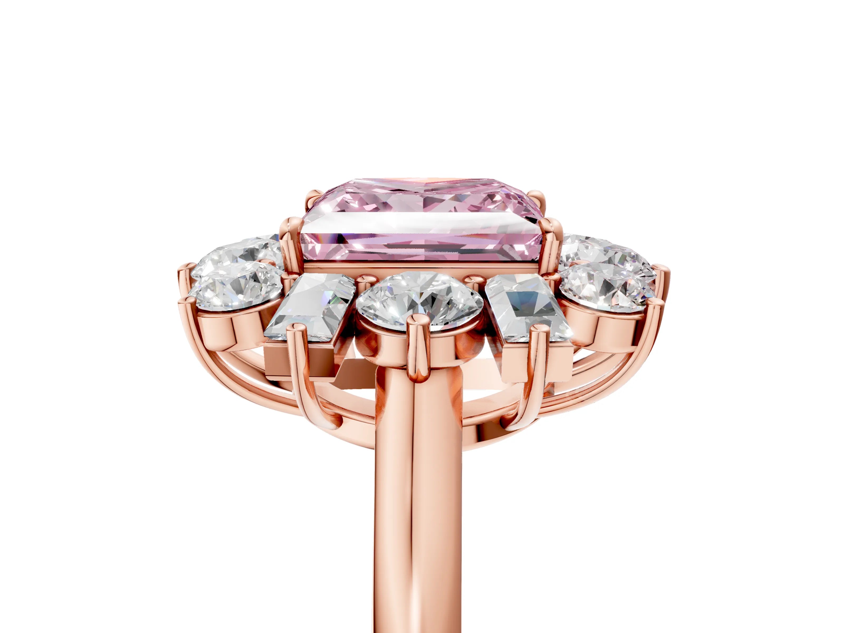 Rose gold Fancy Pink Princess Cut Diamond Cluster Ring with Round and Baguette Stones, Split Shank Band, Prong Setting_5