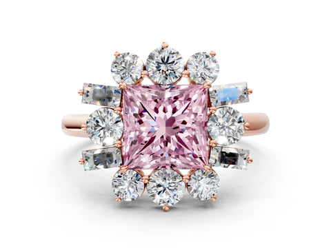 Rose gold Fancy Pink Princess Cut Diamond Cluster Ring with Round and Baguette Stones, Split Shank Band, Prong Setting