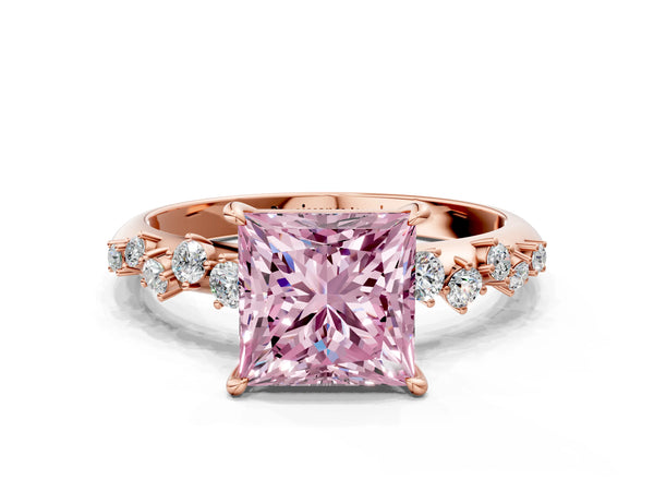 Rose gold Fancy Pink Princess Cut Diamond Cluster Side Stone Solitaire Ring with Prong Setting