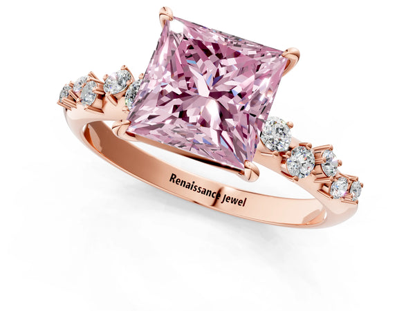 Rose gold Fancy Pink Princess Cut Diamond Cluster Side Stone Solitaire Ring with Prong Setting