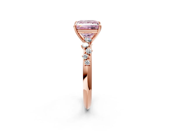 Rose gold Fancy Pink Princess Cut Diamond Cluster Side Stone Solitaire Ring with Prong Setting
