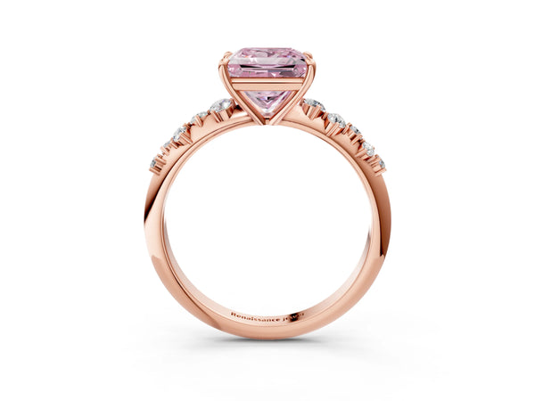 Rose gold Fancy Pink Princess Cut Diamond Cluster Side Stone Solitaire Ring with Prong Setting