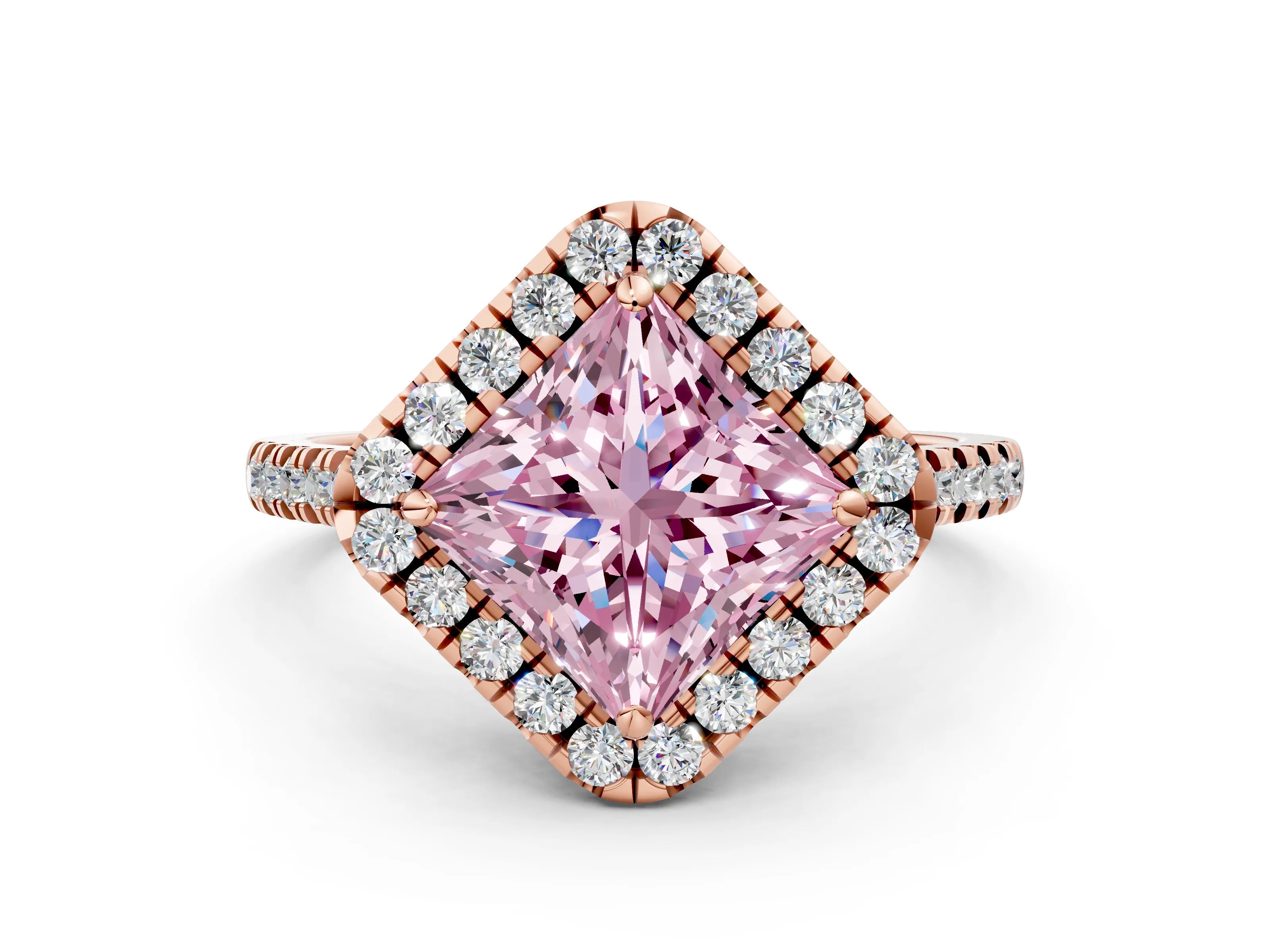 Rose gold Fancy Pink Princess Cut Diamond Cushion Halo Ring with Pavé Band