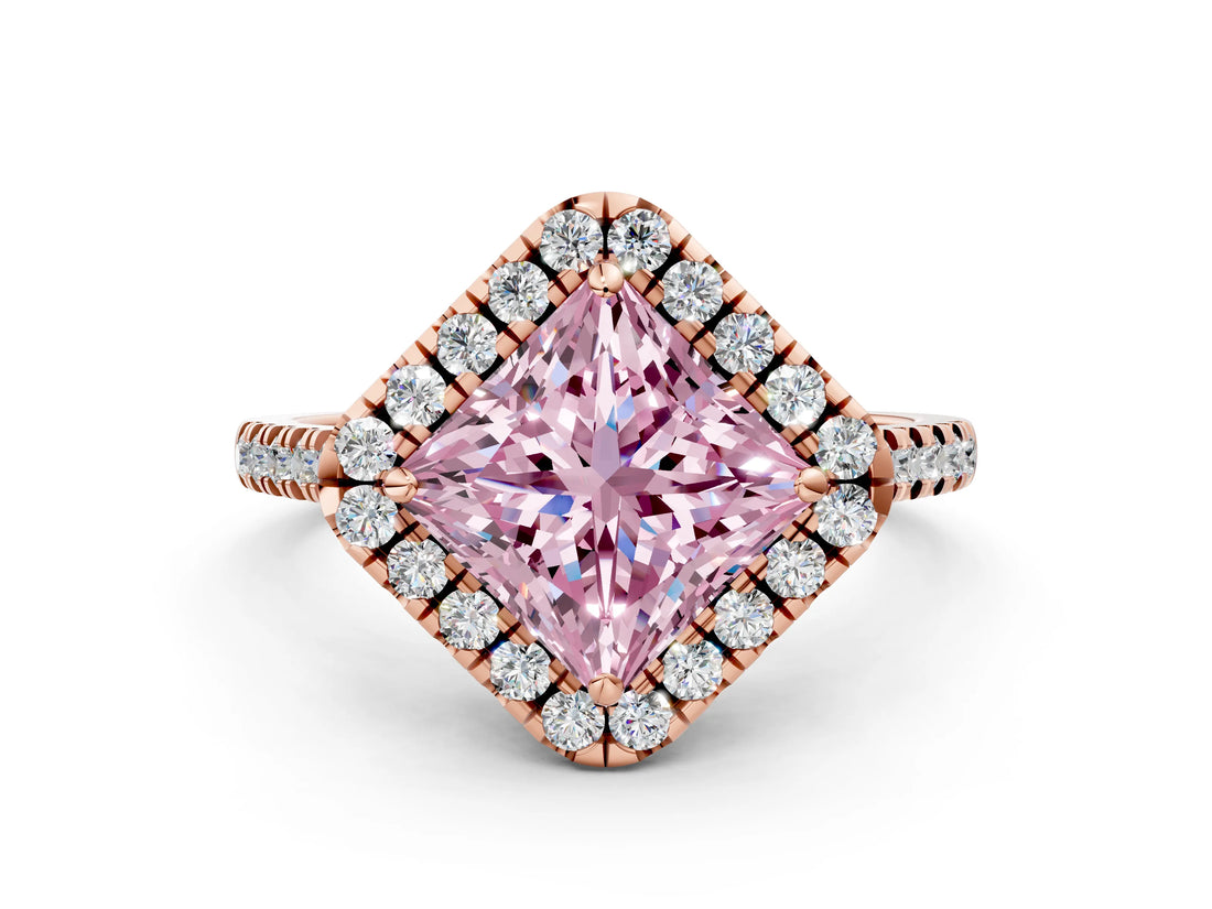 Rose gold Fancy Pink Princess Cut Diamond Cushion Halo Ring with Pavé Band