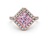 Rose gold Fancy Pink Princess Cut Diamond Cushion Halo Ring with Pavé Band
