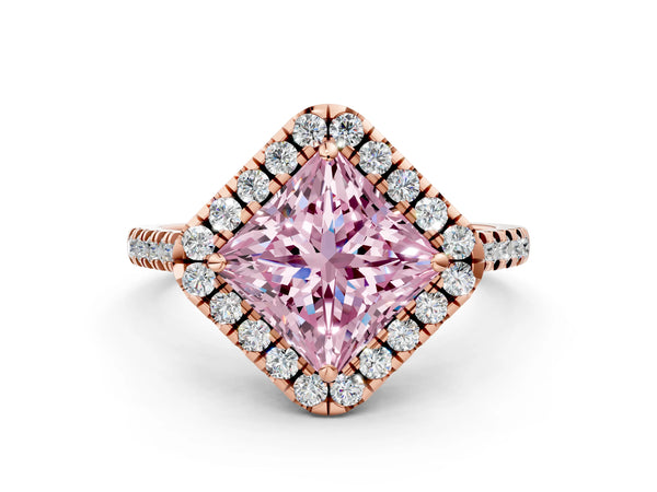 Rose gold Fancy Pink Princess Cut Diamond Cushion Halo Ring with Pavé Band