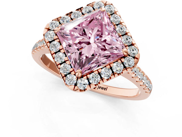 Rose gold Fancy Pink Princess Cut Diamond Cushion Halo Ring with Pavé Band