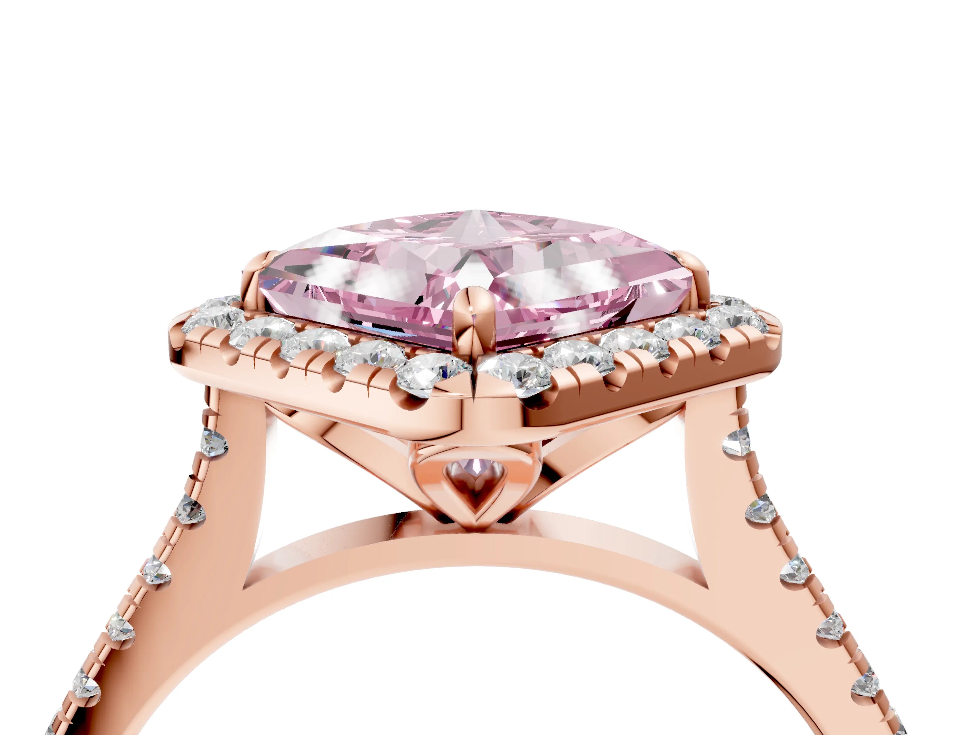 Rose gold Fancy Pink Princess Cut Diamond Cushion Halo Ring with Pavé Band_4