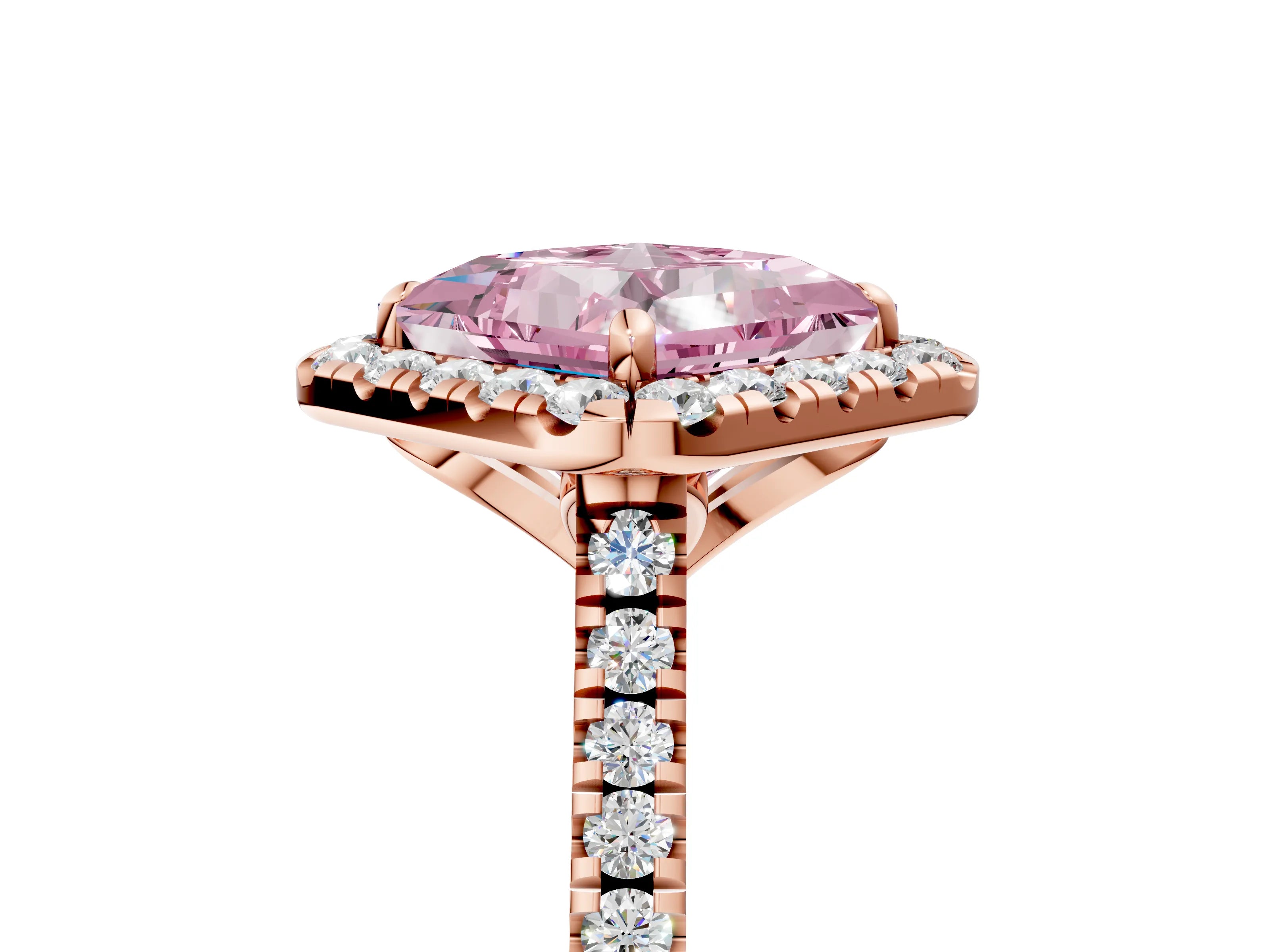 Rose gold Fancy Pink Princess Cut Diamond Cushion Halo Ring with Pavé Band_5
