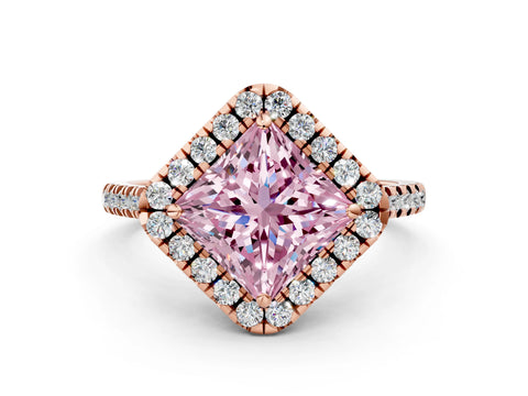 Rose gold Fancy Pink Princess Cut Diamond Cushion Halo Ring with Pavé Band