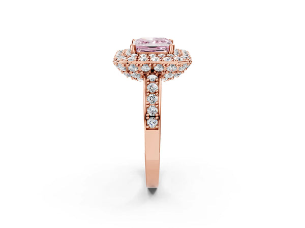 Rose gold Fancy Pink Princess Cut Diamond Double Halo Ring with Pavé Band and Four-Prong Setting