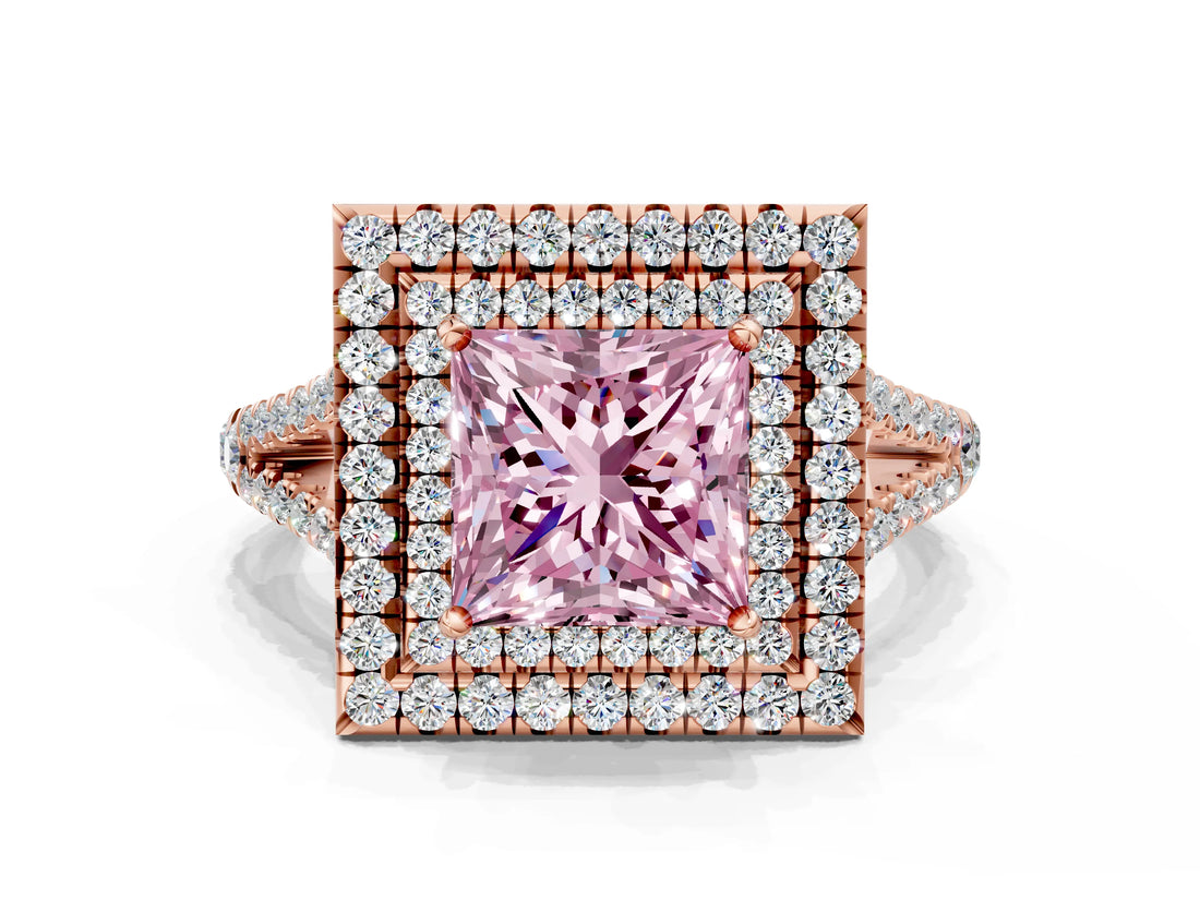 Rose gold Fancy Pink Princess Cut Diamond Double Halo Ring with Pavé Band and Prong Setting_18