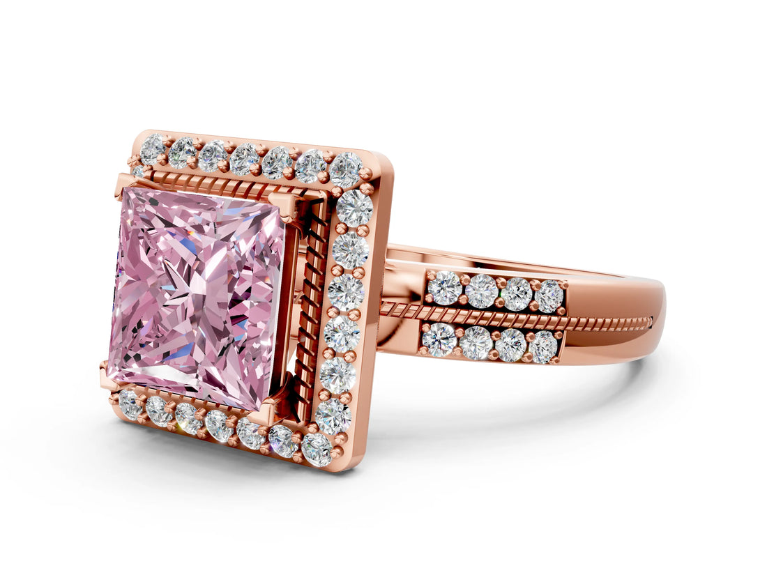 Rose gold Fancy Pink Princess Cut Diamond Double Halo Ring with Split Shank and Four-Prong Setting