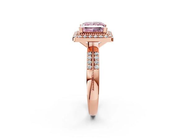 Rose gold Fancy Pink Princess Cut Diamond Double Halo Ring with Split Shank and Four-Prong Setting