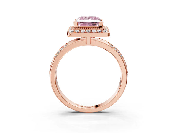 Rose gold Fancy Pink Princess Cut Diamond Double Halo Ring with Split Shank and Four-Prong Setting