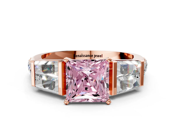 Rose gold Fancy Pink Princess Cut Diamond Engagement Ring with Baguette Side Stones and Channel Set Band