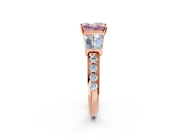 Rose gold Fancy Pink Princess Cut Diamond Engagement Ring with Baguette Side Stones and Channel Set Band