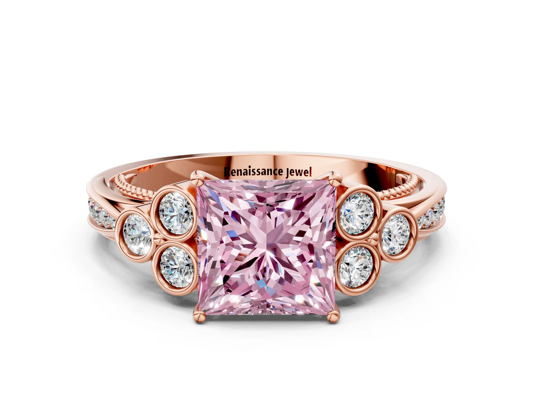Rose gold Fancy Pink Princess  Cut Diamond Engagement Ring with Bezel Set Round Side Stones and Prong Setting_27