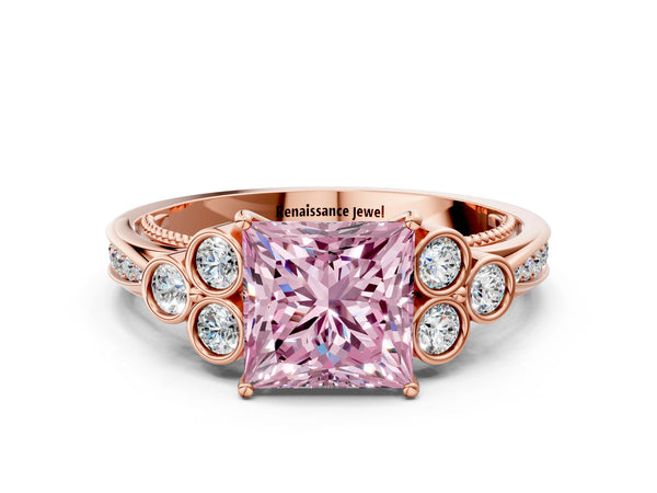 Rose gold Fancy Pink Princess  Cut Diamond Engagement Ring with Bezel Set Round Side Stones and Prong Setting