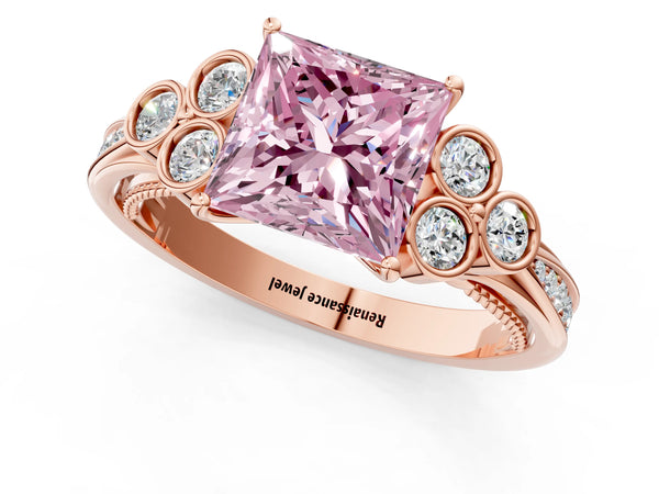 Rose gold Fancy Pink Princess  Cut Diamond Engagement Ring with Bezel Set Round Side Stones and Prong Setting