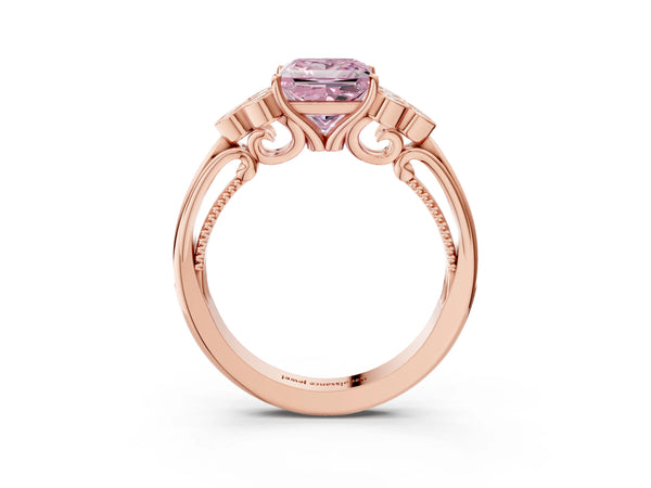 Rose gold Fancy Pink Princess  Cut Diamond Engagement Ring with Bezel Set Round Side Stones and Prong Setting