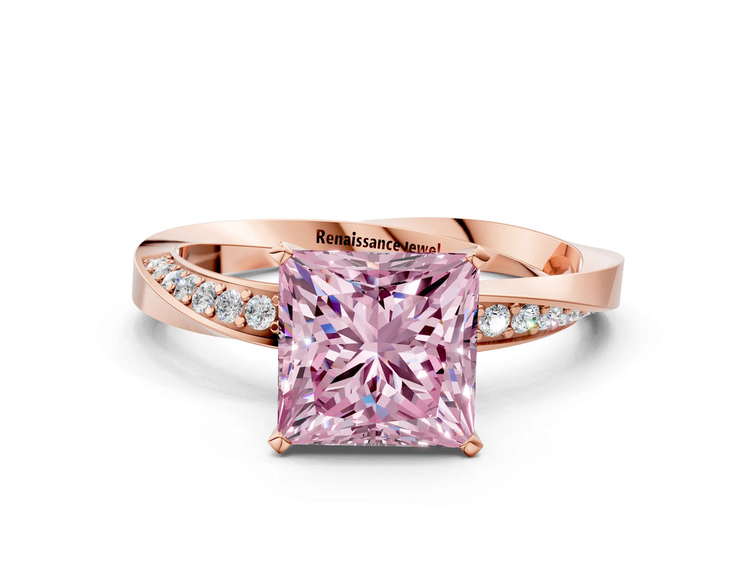 Rose gold Fancy Pink Princess Cut Diamond Engagement Ring with Side Stone Accents and Four-Prong Setting_12