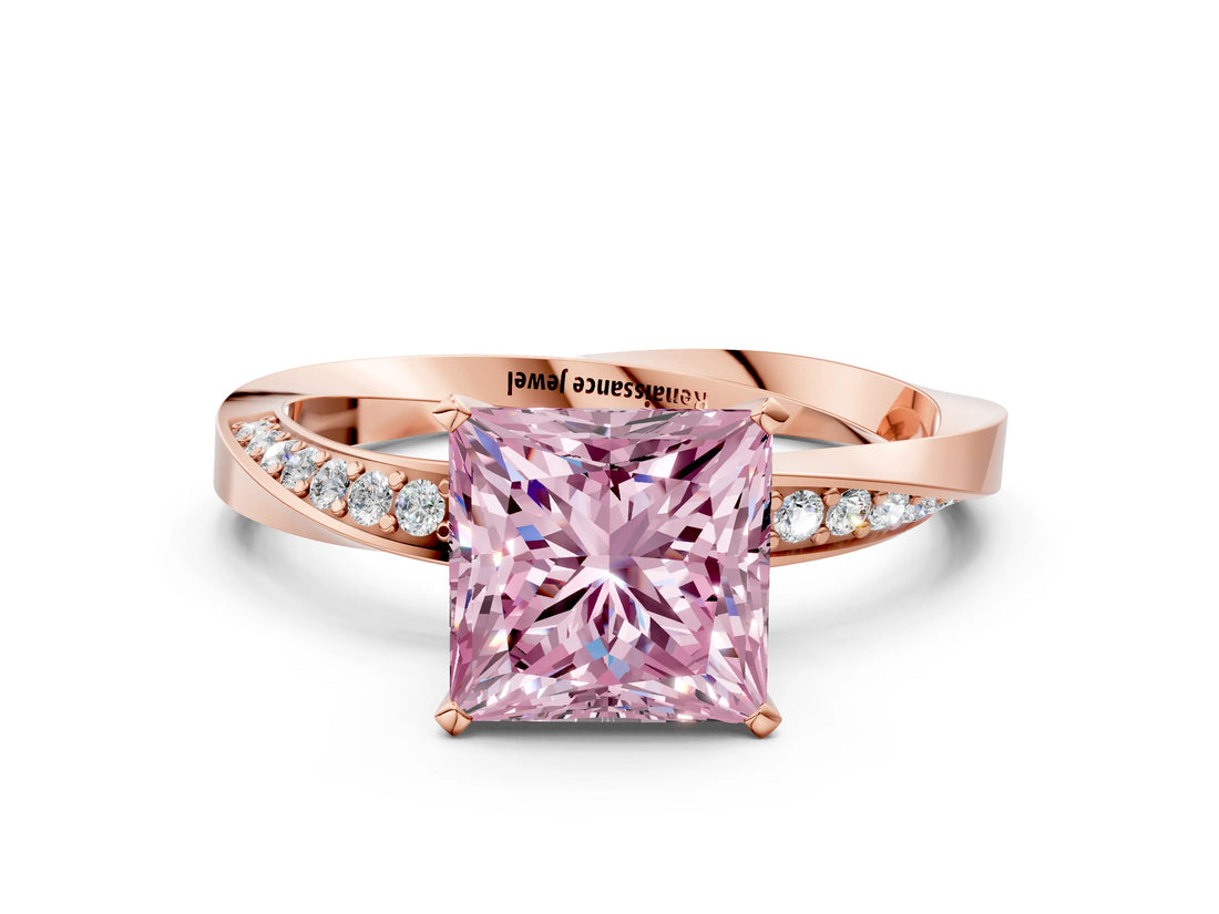 Rose gold Fancy Pink Princess Cut Diamond Engagement Ring with Side Stone Accents and Four-Prong Setting_96