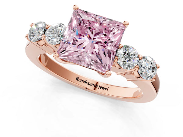 Rose gold Fancy Pink Princess  Cut Diamond Five-Stone Prong Set White Gold Ring