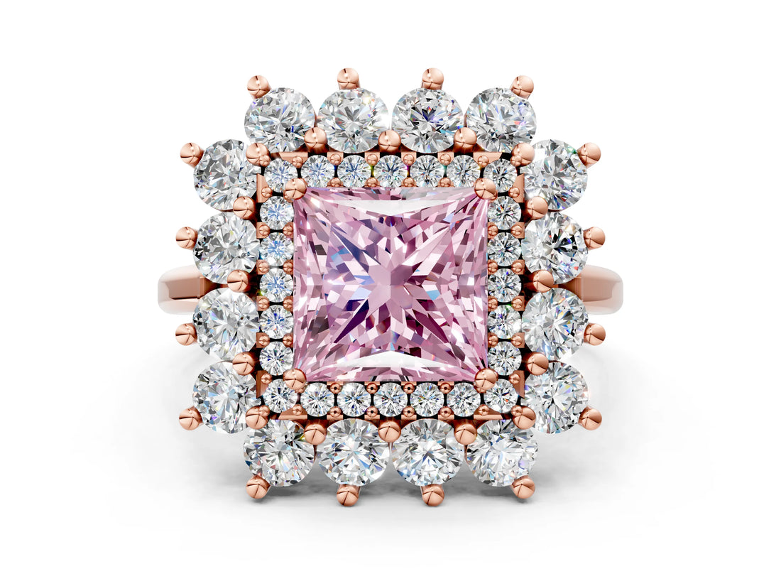 Rose gold Fancy Pink Princess Cut Diamond Floral Double Halo Engagement Ring with Prong Setting_24