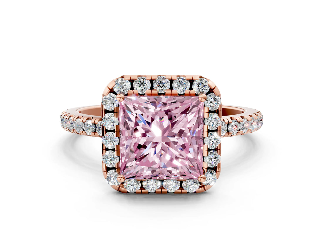 Rose gold Fancy Pink Princess  Cut Diamond Floral Halo Engagement Ring with Pavé Band and Prong Setting_16