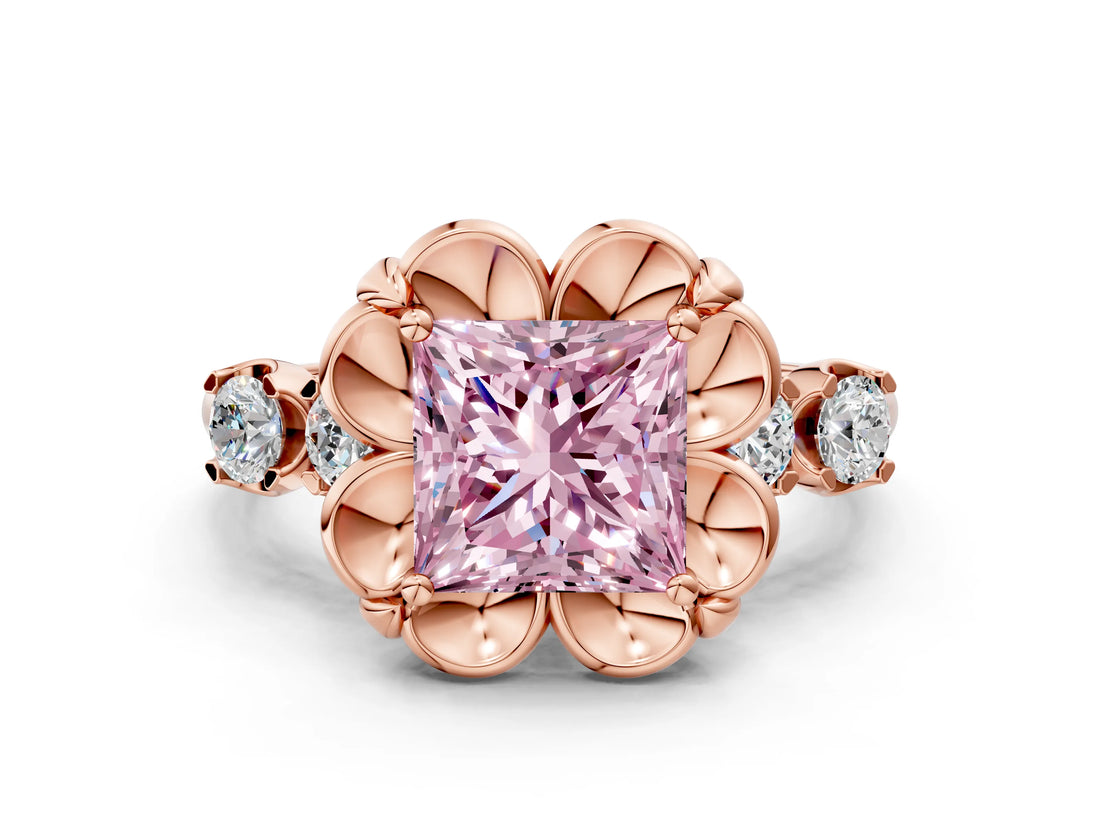 Rose gold Fancy Pink Princess  Cut Diamond Floral Halo Engagement Ring with Shared Prong Setting