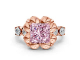 Rose gold Fancy Pink Princess  Cut Diamond Floral Halo Engagement Ring with Shared Prong Setting