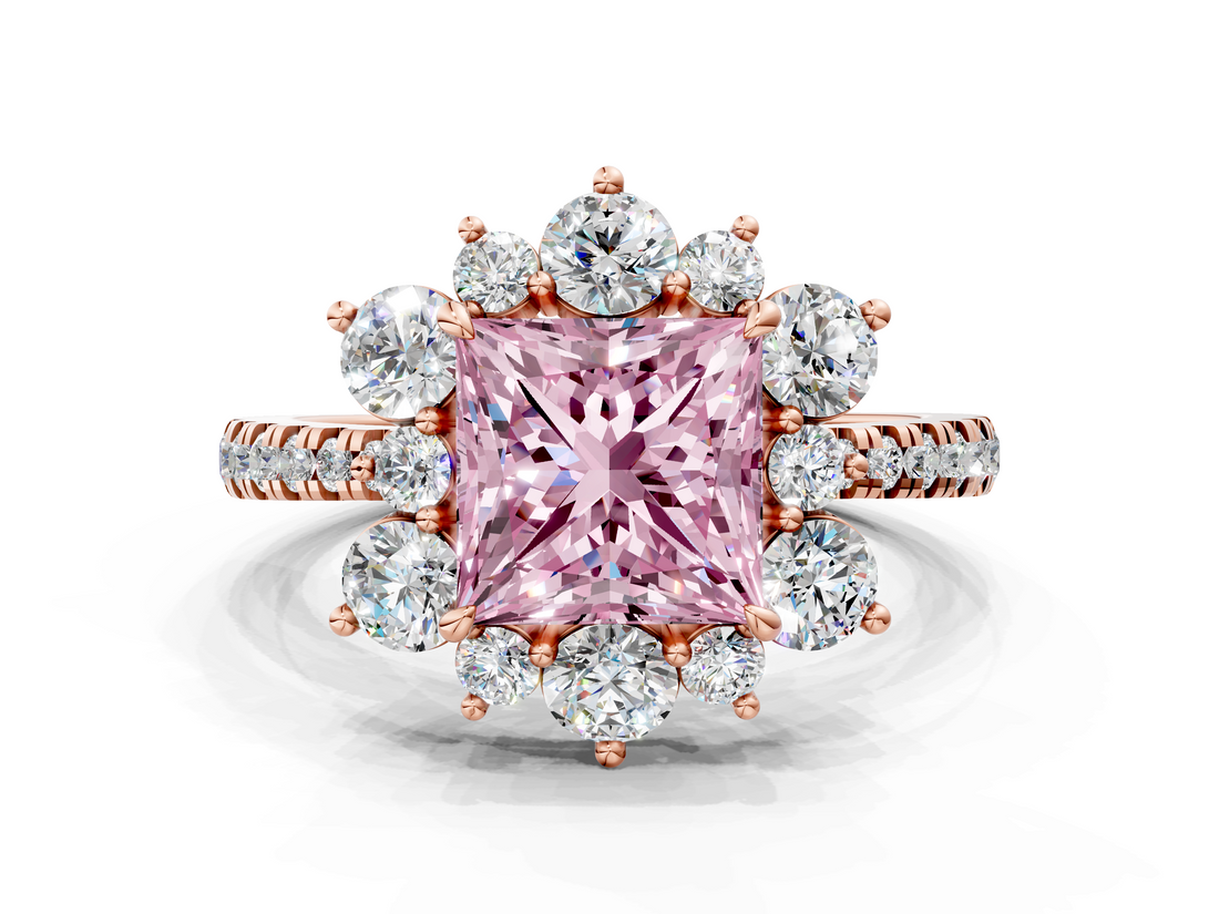 Rose gold Fancy Pink Princess  Cut Diamond Floral Halo Pave Band with Prong Setting