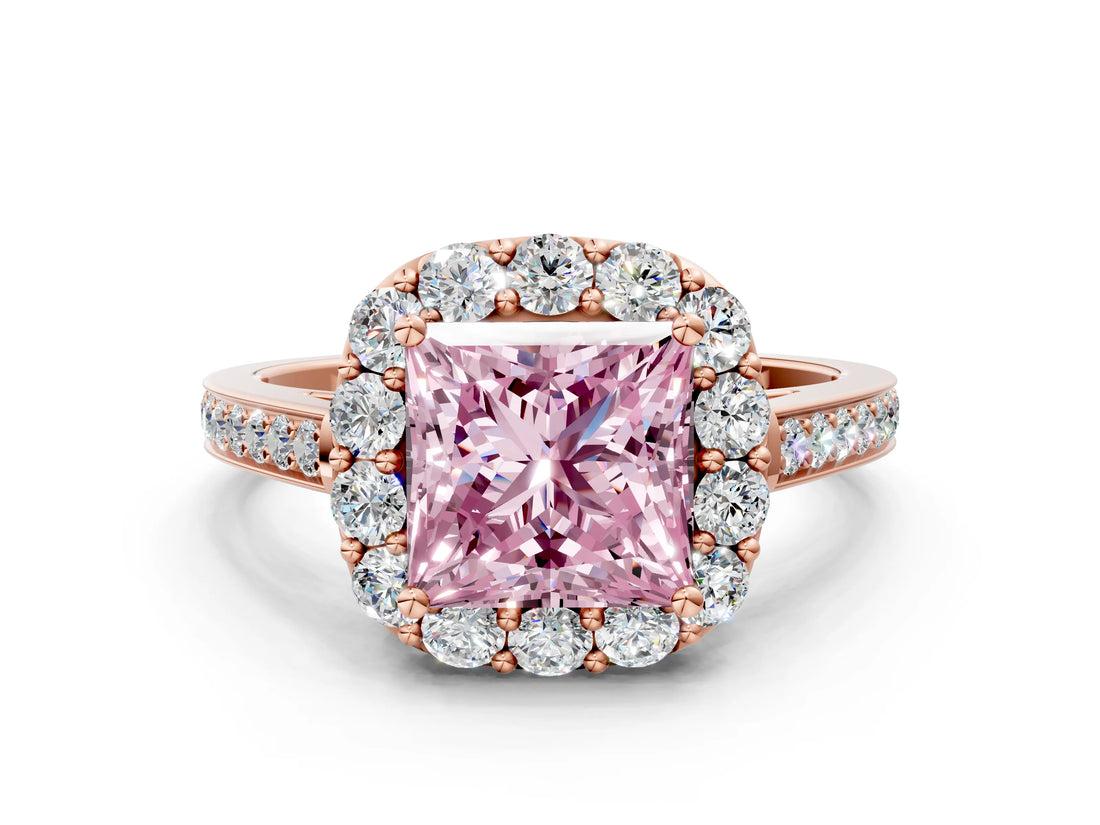Rose gold Fancy Pink Princess Cut Diamond Floral Halo Ring with Pavé Band and Prong Setting_3