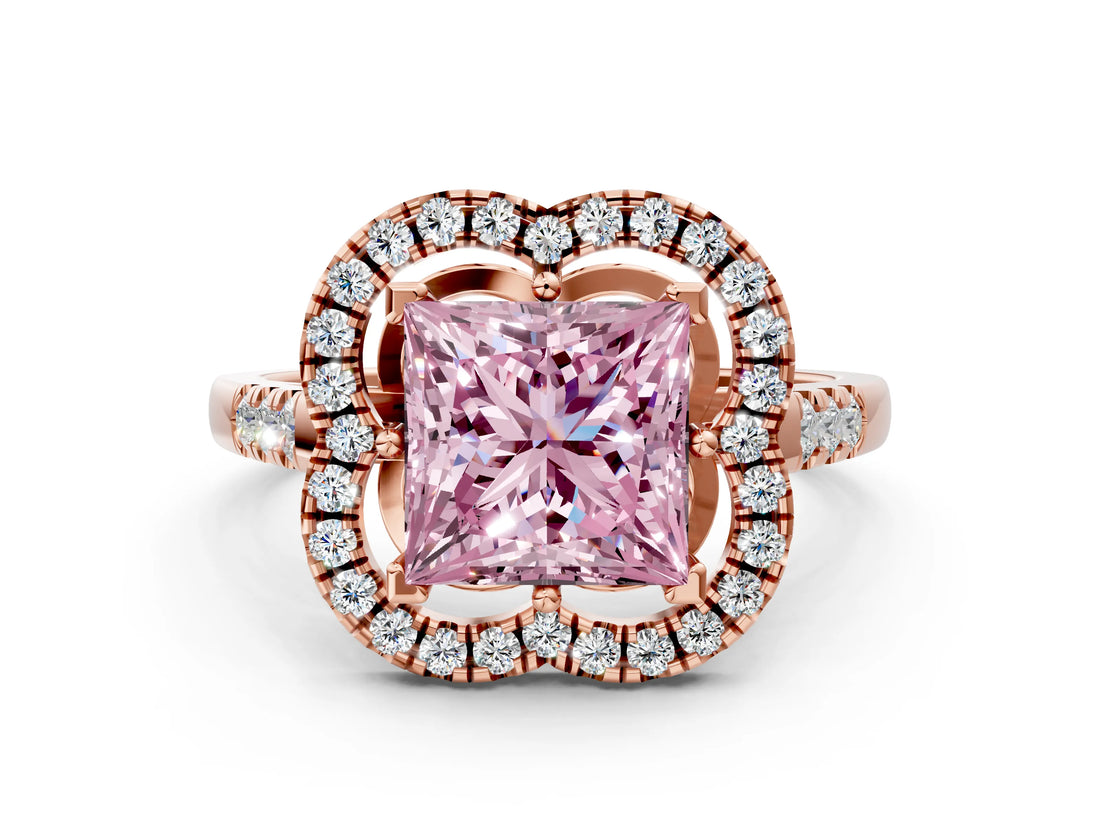 Rose gold Fancy Pink Princess Cut Diamond Floral Halo Split Shank Prong Setting Ring