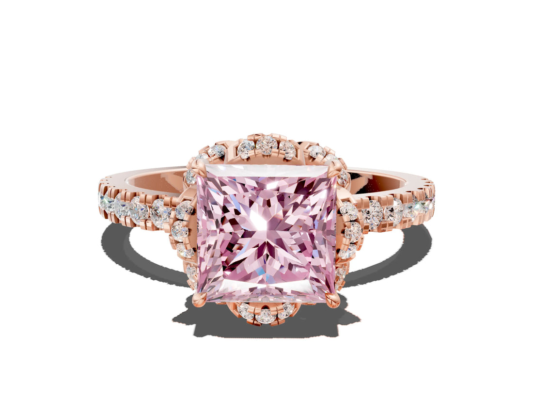 Rose gold Fancy Pink Princess Cut Diamond Halo Pave Band with Four-Prong Setting_3