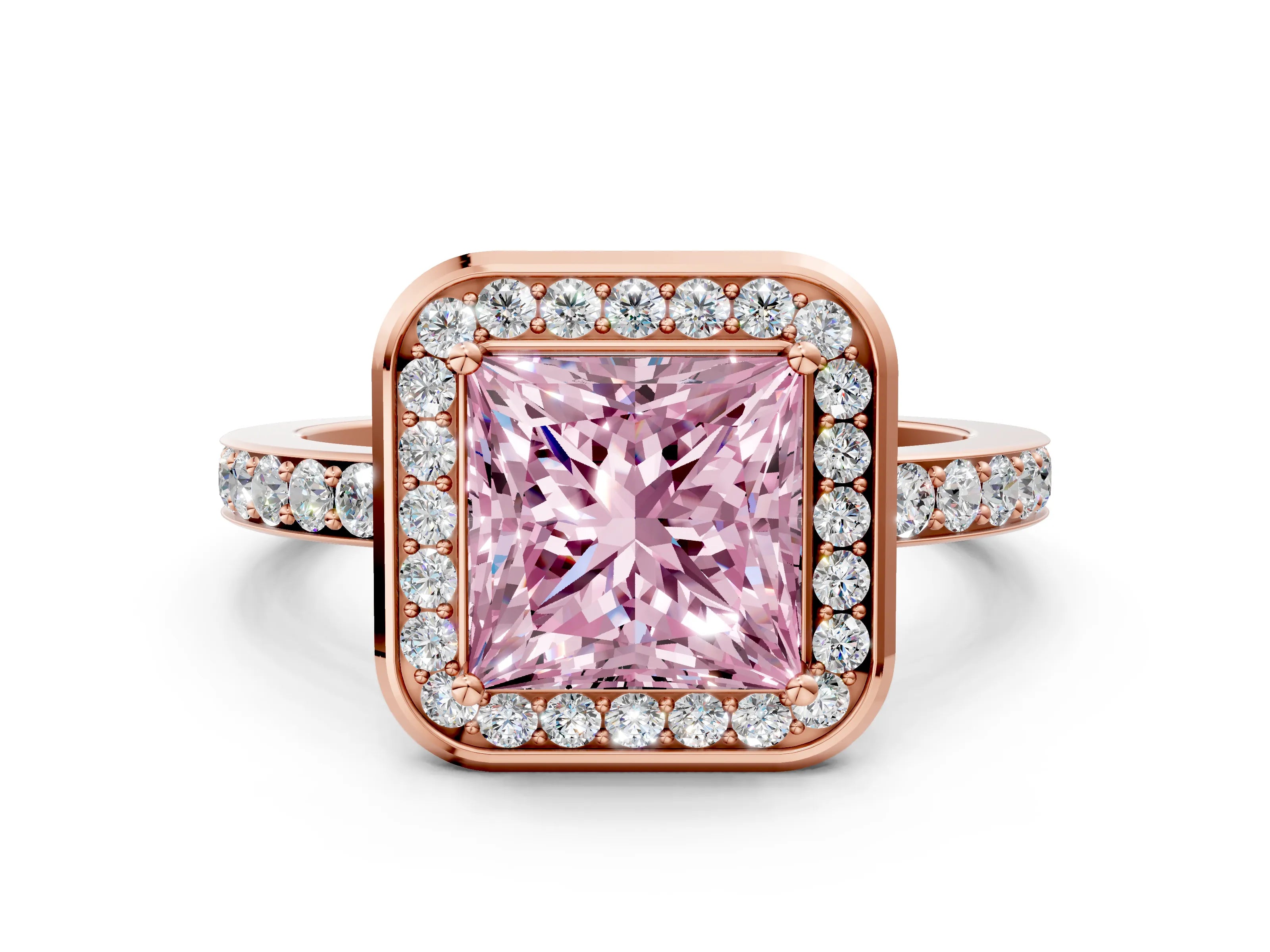 Rose gold Fancy Pink Princess Cut Diamond Halo Ring with Bezel Frame and Pavé Band