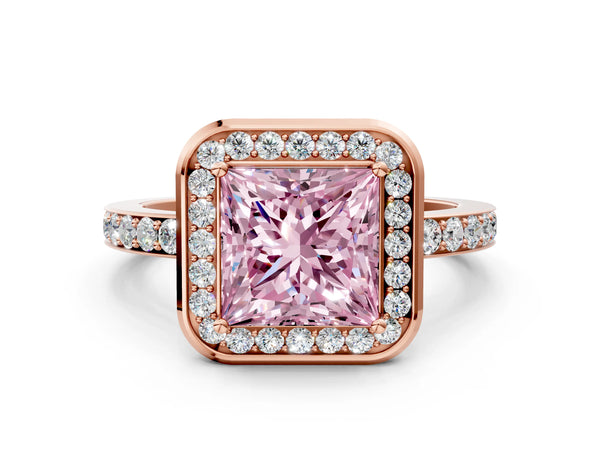 Rose Gold Princess Cut Pave Bezel-Rim Halo Engagement Ring Setting for Fancy Pink Center