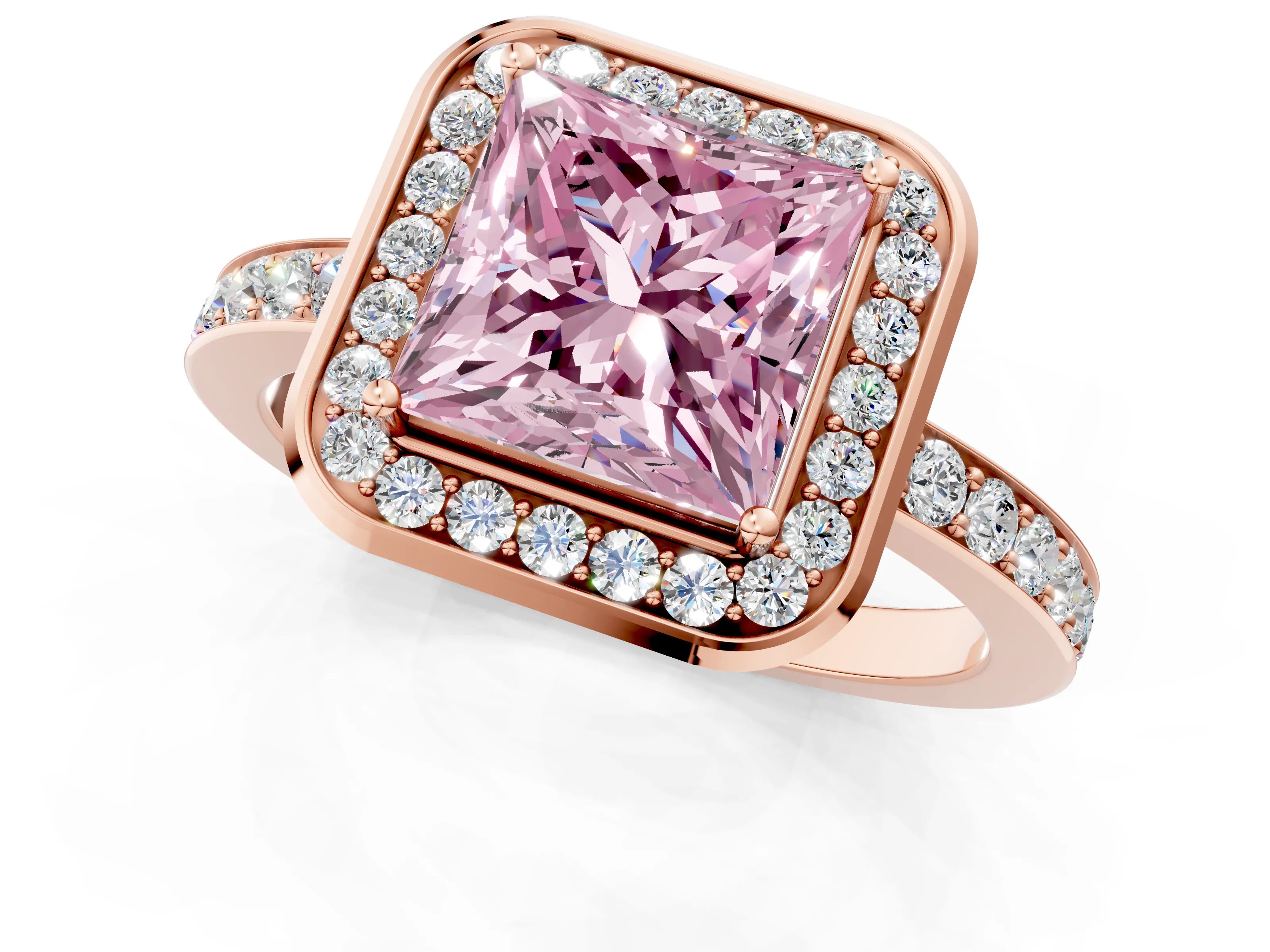 Rose gold Fancy Pink Princess Cut Diamond Halo Ring with Bezel Frame and Pavé Band_1