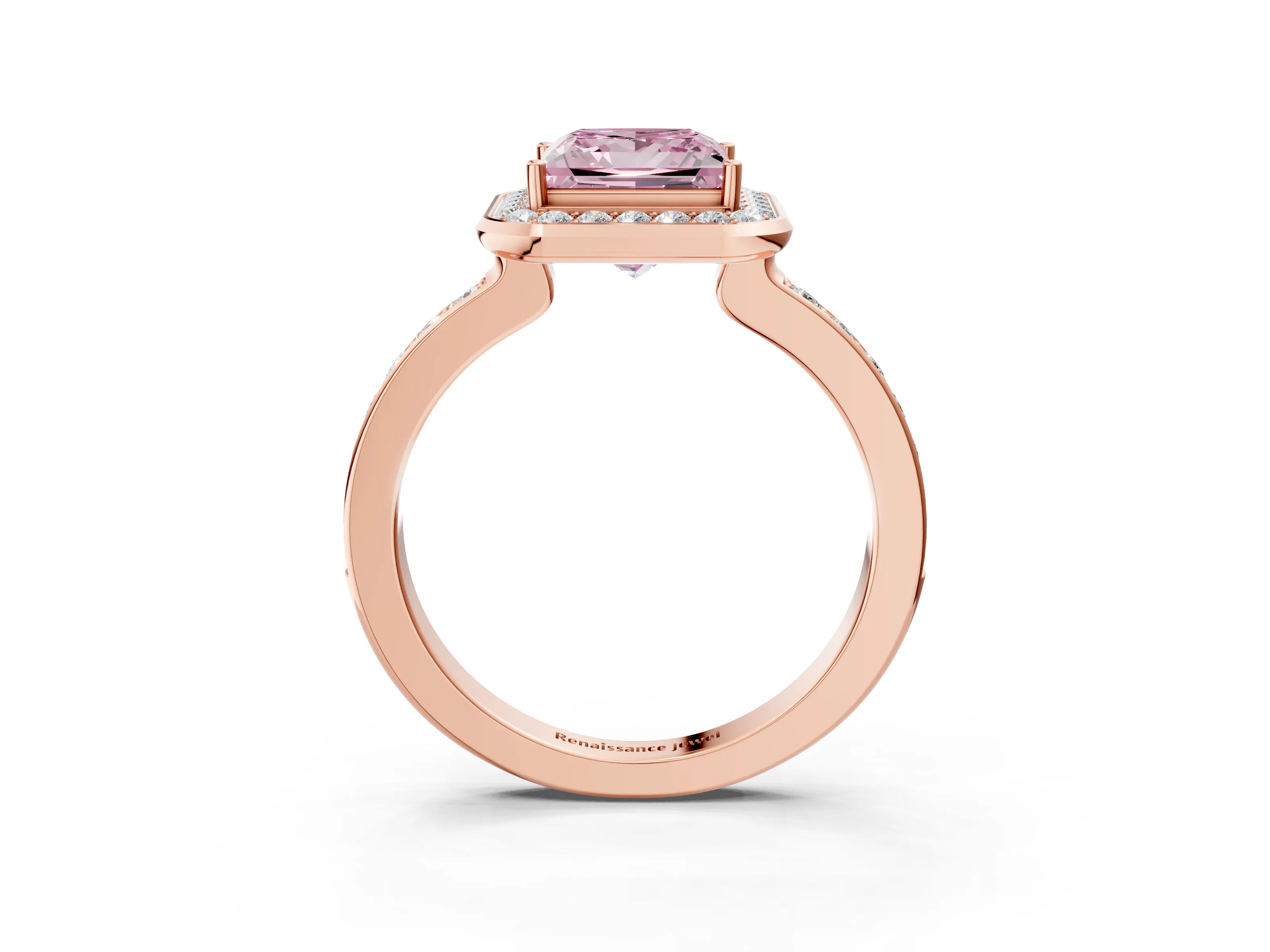 Rose gold Fancy Pink Princess Cut Diamond Halo Ring with Bezel Frame and Pavé Band_3