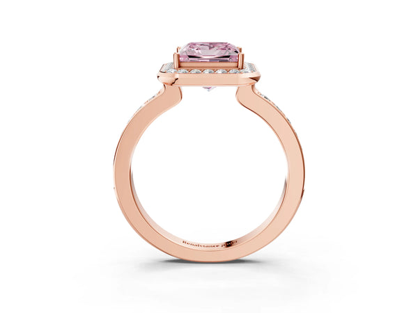 Rose Gold Princess Cut Pave Bezel-Rim Halo Engagement Ring Setting for Fancy Pink Center