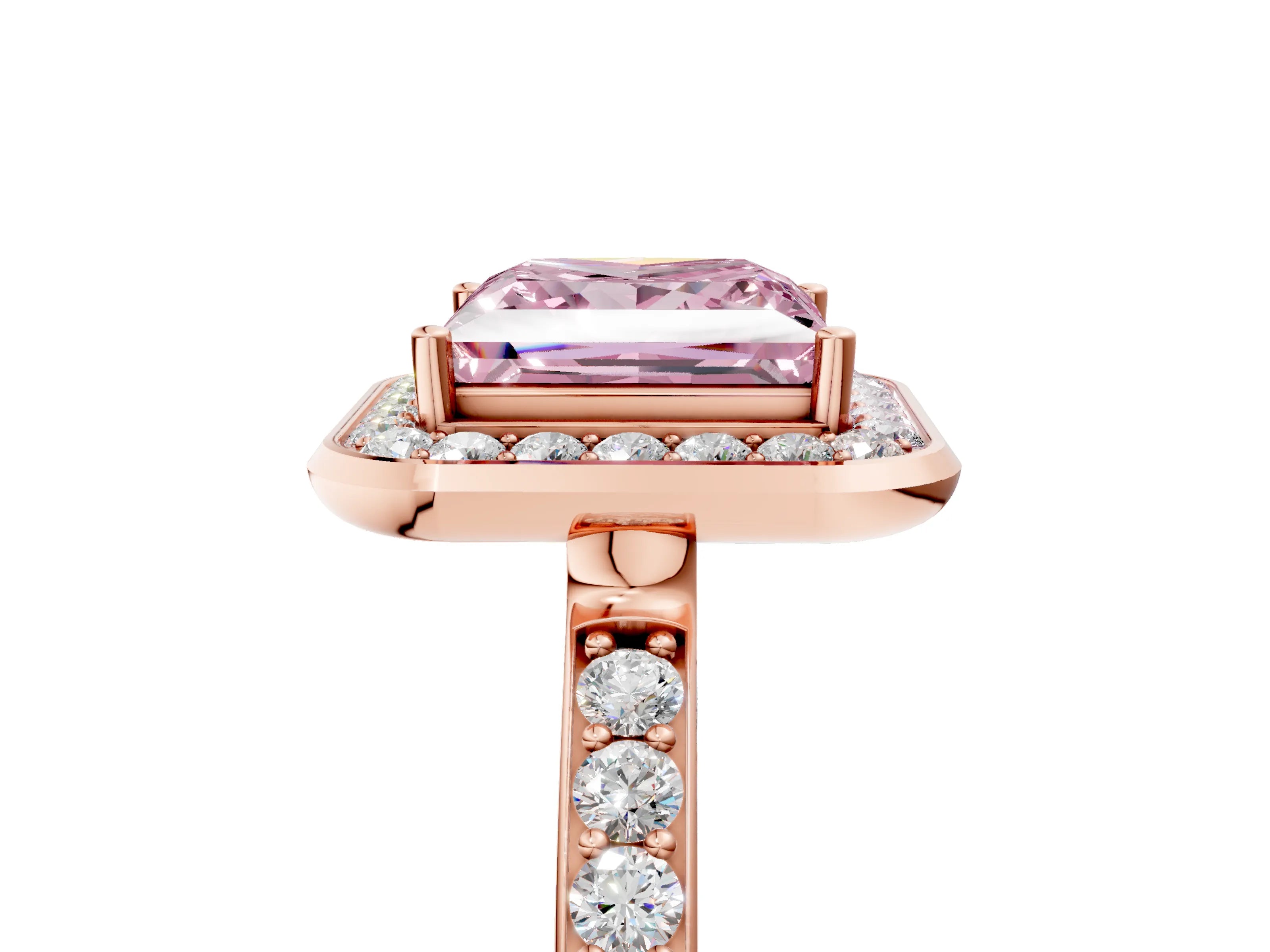 Rose gold Fancy Pink Princess Cut Diamond Halo Ring with Bezel Frame and Pavé Band_5